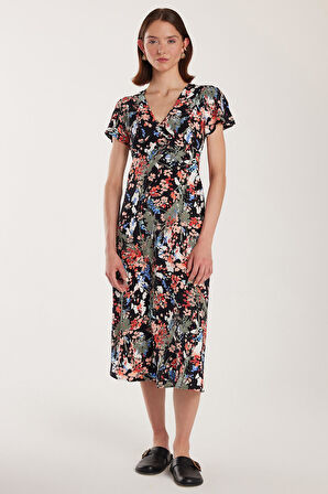 Kadın Standart Fit Viskon V Yaka Midi Elbise