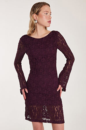 Kadın Slim Fit Dar Kesim Uzun Kollu Sırt Dekolteli Örgü Detaylı Mürdüm Elbise