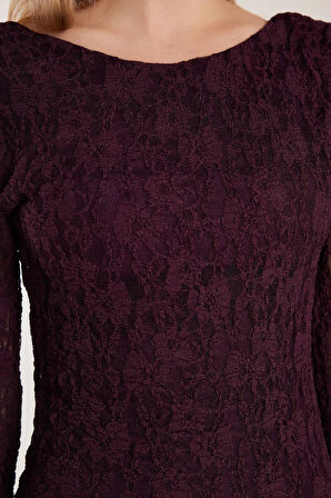 Kadın Slim Fit Dar Kesim Uzun Kollu Sırt Dekolteli Örgü Detaylı Mürdüm Elbise