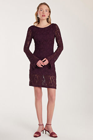 Kadın Slim Fit Dar Kesim Uzun Kollu Sırt Dekolteli Örgü Detaylı Mürdüm Elbise