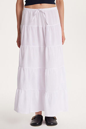 Kadın Standart Fit Beli Lastikli Bağlamalı Beyaz Etek