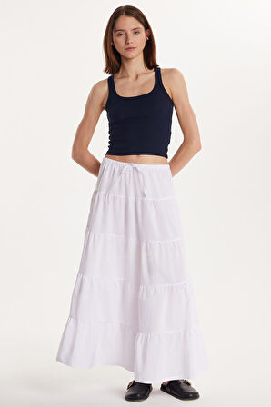 Kadın Standart Fit Beli Lastikli Bağlamalı Beyaz Etek