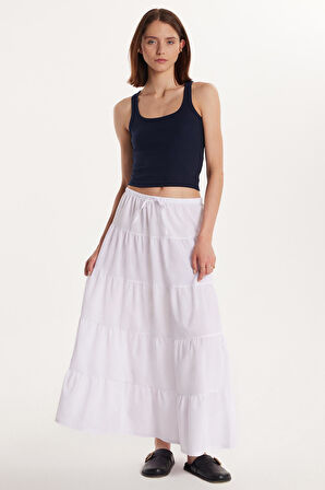 Kadın Standart Fit Beli Lastikli Bağlamalı Beyaz Etek