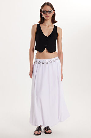 Kadın Standart Fit  Beli Lastikli Pileli Beyaz Etek