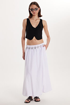 Kadın Standart Fit  Beli Lastikli Pileli Beyaz Etek