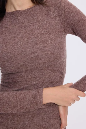 Kadın Slim Fit Dar Kesim Bisiklet Yaka Kahverengi Elbise