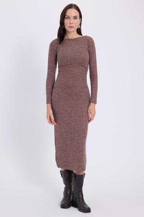 Kadın Slim Fit Dar Kesim Bisiklet Yaka Kahverengi Elbise