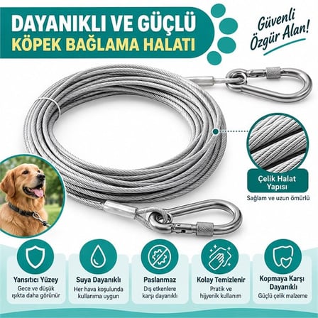 SUNUP SN-38108 10 Metre Çelik Köpek Bağlama Halatı Kilitli Karabina PVC Kaplamalı