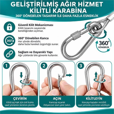 SUNUP SN-38108 10 Metre Çelik Köpek Bağlama Halatı Kilitli Karabina PVC Kaplamalı