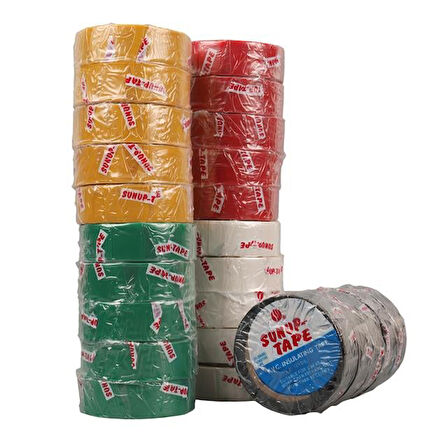 Sunup SN-27919 0.13X18mm 5 Renk İzole Elektrikçi Bant 10 Metre 50X5'li Paket (Kırmızı- Sarı - Siyah - Yeşil - Beyaz)