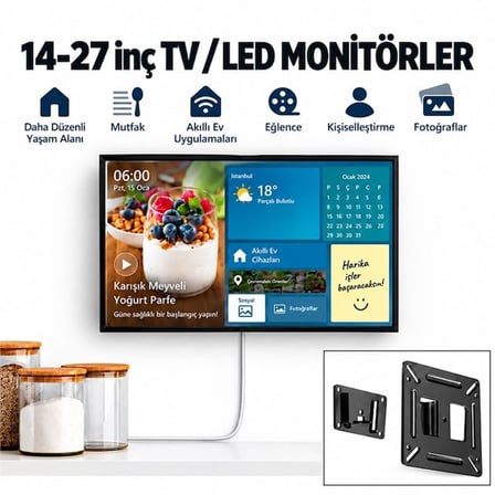 Powermaster PM-26408 14-27 İnç Tv Led Monitör Duvar Askı Aparatı 15 Kg Taşıma Kapasiteli 114X114mm