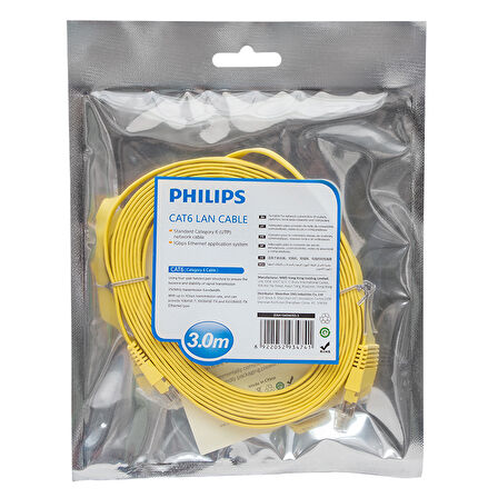 Philips Sarı Yassı Flat İnce 3 Metre Ethernet Kablosu Cat6 Poşetli İnternet Jack Soketleri Takılı Hazır Kablo