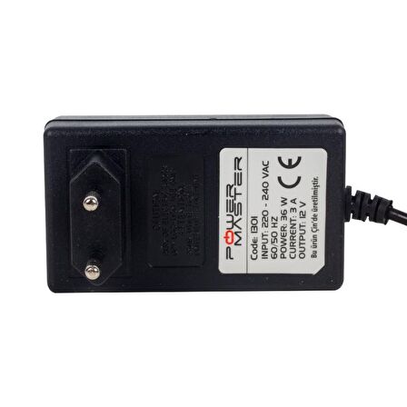 POWERMASTER PM-1301 12 VOLT 3 AMPER VERA YAZAR KASA POS PLASTİK KASA ADAPTÖR 3.5*1.35 UÇ
