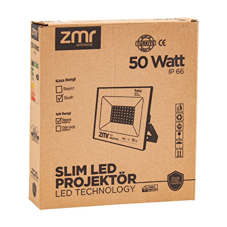 Zmr 50 Watt 6500 Lümel IP66 150 Derece 220 Volt Siyah Slim Kasa Led Projektör Lamba Aydınlatma