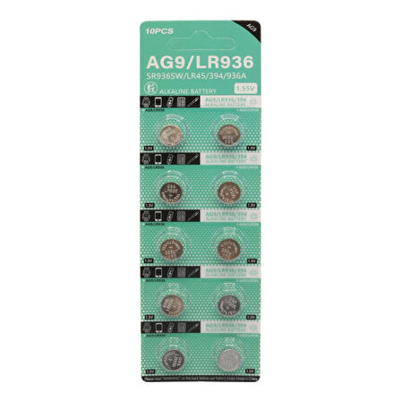 Powermaster AG9 Alkalin LR936-394A 1.55 Volt Düğme Pil 10 Lu Paket)