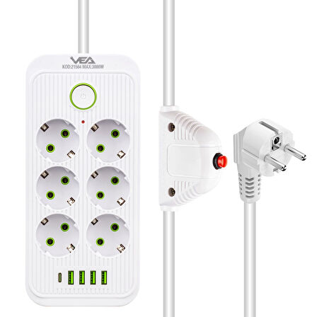VEA VA-21564 6 lı Usb li Akım Korumalı Grup Priz Type-c Soketli Anahtarlı 1.5 Metre Uzatma Kablosu 