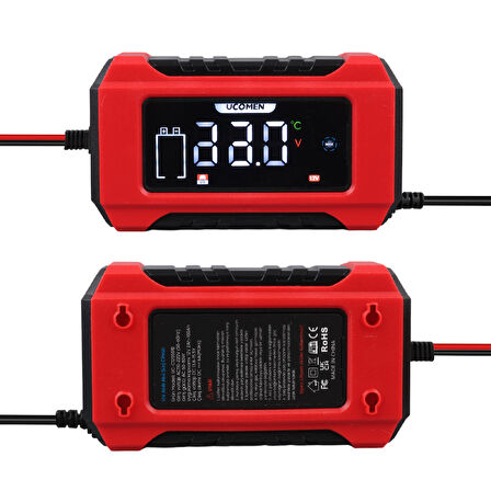 Ayt Ucomen UC-C120501B Kırmızı 12 Volt 6 Amper Lcd Göstergeli Akıllı Akü Şarj Cihazı Oto Motor Akü Şarj Aleti
