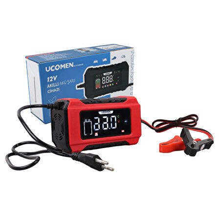 Ayt Ucomen UC-C120501B Kırmızı 12 Volt 6 Amper Lcd Göstergeli Akıllı Akü Şarj Cihazı Oto Motor Akü Şarj Aleti
