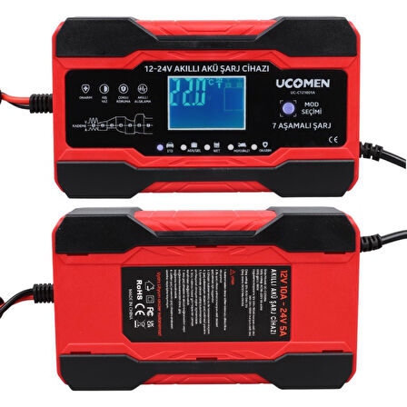 electroon Ucomen UC-C121001A Kırmızı 12/24 Volt 10 Amper Led Göstergeli Akü Şarj Cihazı