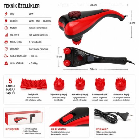 Powermaster PM-24616 Elektrikli Masaj Aleti 5 Başlıklı Kırmızı Siyah