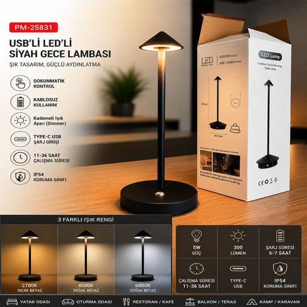 Powermaster PM-25831 Gece Lambası LEDli Şarjlı Dokunmatik Siyah Masa Lambası
