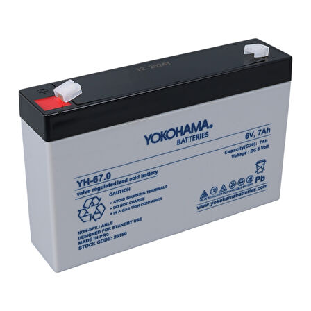 Ayt Yokohama YH-67.0 6 Volt 7 Amper Akü 150x30x94 mm Yeni Tarihli Taze Akü