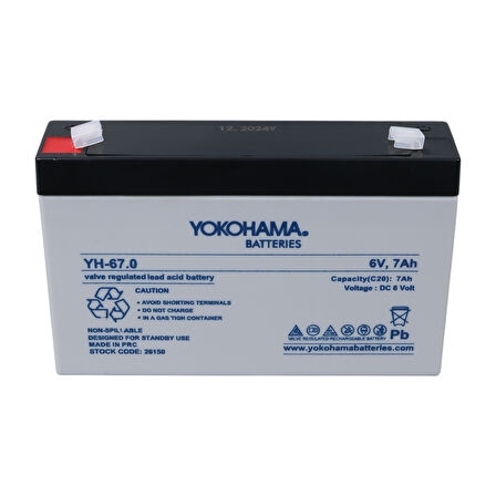 Ayt Yokohama YH-67.0 6 Volt 7 Amper Akü 150x30x94 mm Yeni Tarihli Taze Akü