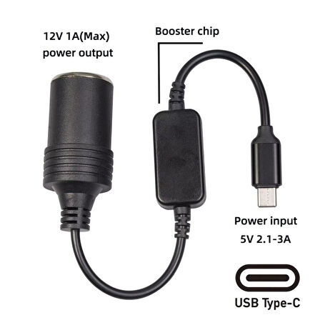 Powermaster Type-C 5Volt- 12V 1A Dişi Çakmak Çevirici 30cm Kablolu