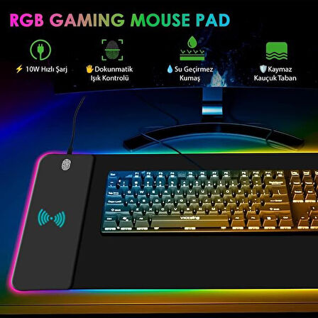 Powermaster PM-25115 XL RGB Gaming Mouse Pad Wireless Telefon Şarj Destekli 14 Modlu