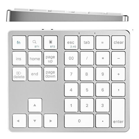 Powermaster PM-26596 Mini Gümüş Bluetooth 5.2 Kablosuz Num Pad 35 Tuş Klavye Genişletme Sayı Bloğu