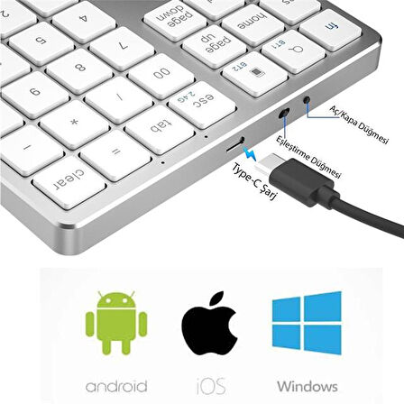 Powermaster PM-26596 Mini Gümüş Bluetooth 5.2 Kablosuz Num Pad 35 Tuş Klavye Genişletme Sayı Bloğu