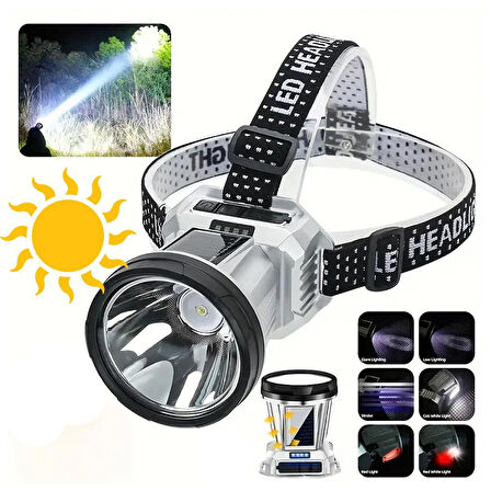 Ayt Powermaster Solar Güneş Enerji Panelli Ledli Kafa Lambası Feneri 1600mAh 6 Modlu Sensörlü Kamp Yürüyüş Lambası