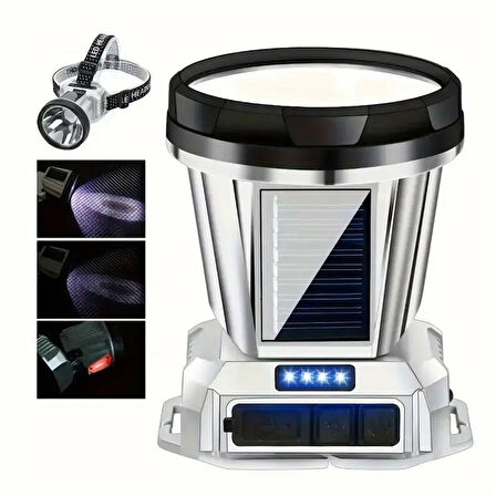 Ayt Powermaster Solar Güneş Enerji Panelli Ledli Kafa Lambası Feneri 1600mAh 6 Modlu Sensörlü Kamp Yürüyüş Lambası