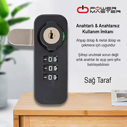 Ayt Powermaster PM-26726 3 Haneli Şifreli Ve Anahtarlı Mekanik Siyah Çekmece Dolap Kilidi Sağ Kilit