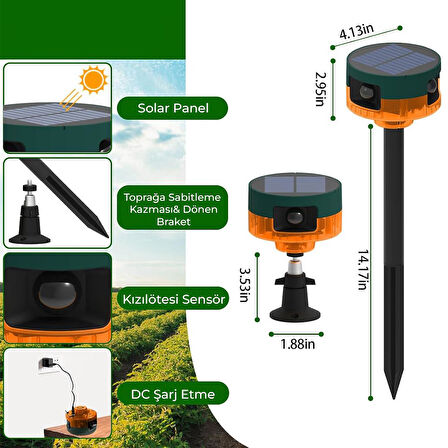 Ayt Powermaster PM-26947 Mikrofonlu Sesli Hayvan Kovucu Alarm Cihazı Solar Güneş Enerjili Panelli Vahşi Hayvan Kovacağı