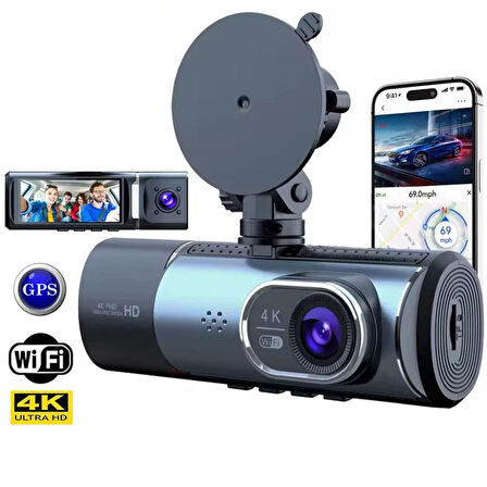 Ayt Powermaster PM-27086 3.16 İnç Tfr Ekran GPS'li 3 Kameralı 4K Görüntülü Oto Araç Kamerası Yol Kayıt Kamerası