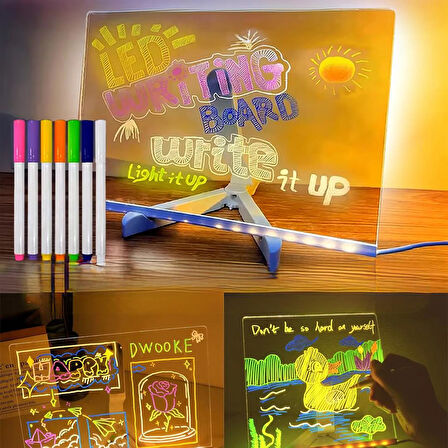 Ayt Sunup SN-27128 Dekoratif Led Aydınlatmalı Işıklı Şeffaf Işıltılı Yazı Çizim Resim Panosu Tableti 7 Renk Kalemli Set