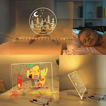 Ayt Sunup SN-27128 Dekoratif Led Aydınlatmalı Işıklı Şeffaf Işıltılı Yazı Çizim Resim Panosu Tableti 7 Renk Kalemli Set