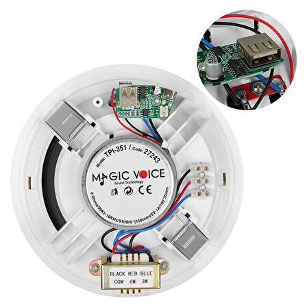 Magicvoice TPI-351 6" (16 CM) Hat Trafolu Alçıpan/Asma Tavan Tipi Hoparlör (6W RMS - MP3 USB Uyumlu) - Beyaz