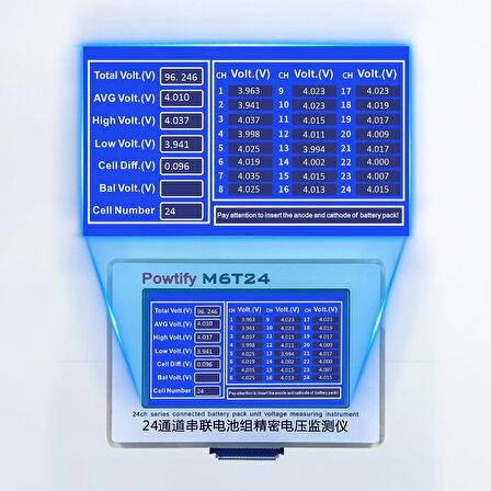 Powtify M6T24 24S Kanallı Yüksek Hassasiyetli Lityum Batarya Pil Gerçek Zamanlı Voltaj Analizörü Cihazı Aleti