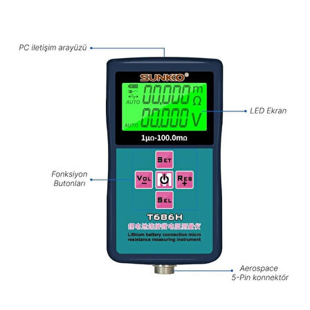 Sunkko T686H Hassas Pil İç Direnç ve Voltaj Test Cihazı 0-100V 0-100 Ohm Şarj Edilebilir Pil Ölçüm Test Cihazı