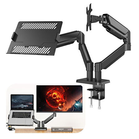 Powermaster PM-252D-J 13-32 İnç Amortisörlü Stand Çift Kol Lcd Led Gaming Monitör Laptop Notebook Tutucu Masa Askı Aparatı