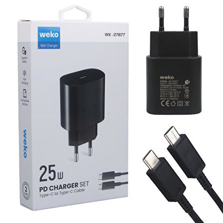 Weko WK-27877 Note10 Siyah 25 Watt Şarj Başlık Adaptörü + Type-C To Type-C Kablo