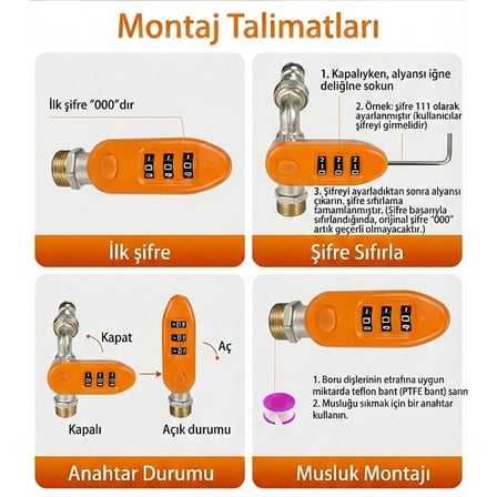 Sunup SN-29268 3 Haneli Şifreli Kilitli Bahçe Musluğu 1/2" Dış Mekan Su Vanası Hortum Bağlantı Seti