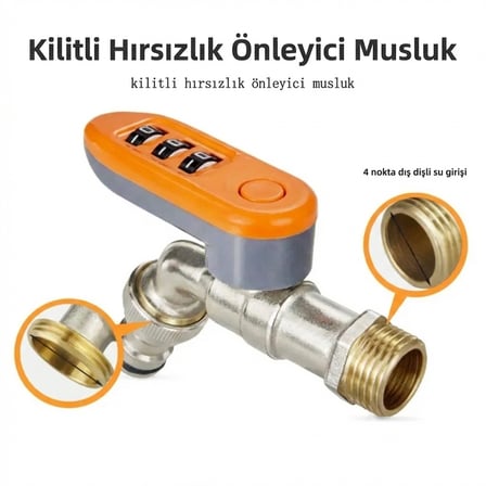 Sunup SN-29268 3 Haneli Şifreli Kilitli Bahçe Musluğu 1/2" Dış Mekan Su Vanası Hortum Bağlantı Seti