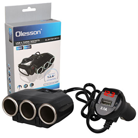 Olesson 1634 12-24V 120 Watt 3'Lü Araç Çakmak Çoklayıcı