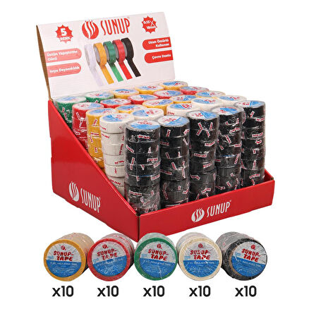 Sunup SN-27919 0.13X18mm 5 Renk İzole Elektrikçi Bant 10 Metre 50X5'li Paket (Kırmızı- Sarı - Siyah - Yeşil - Beyaz)