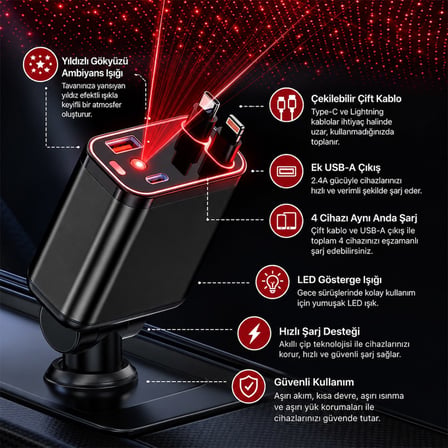 Hello HL-29871 Araç Çakmaklık Şarj Cihazı Dahili Çekilebilir Type-C Lightning Çift Kablo Ambiyans Işıklı