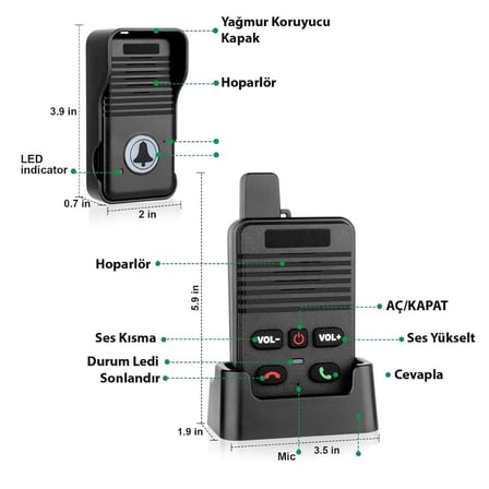 Hello D90 1000Mah Şarjlı Kapalı Devre Telsiz Kapı Zili Ve İnterkom Sistemi Kesintisiz Çift Taraflı Sesli İletişim Telsiz