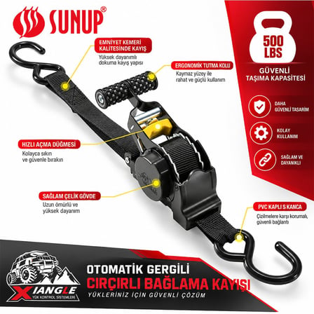 Sunup SN-37789 3 Metre Otomatik Cırcırlı Bağlama Kayışı Spanzet Kaydırmaz Tutamaklı Dayanıklı Çelik Gövde 230KG